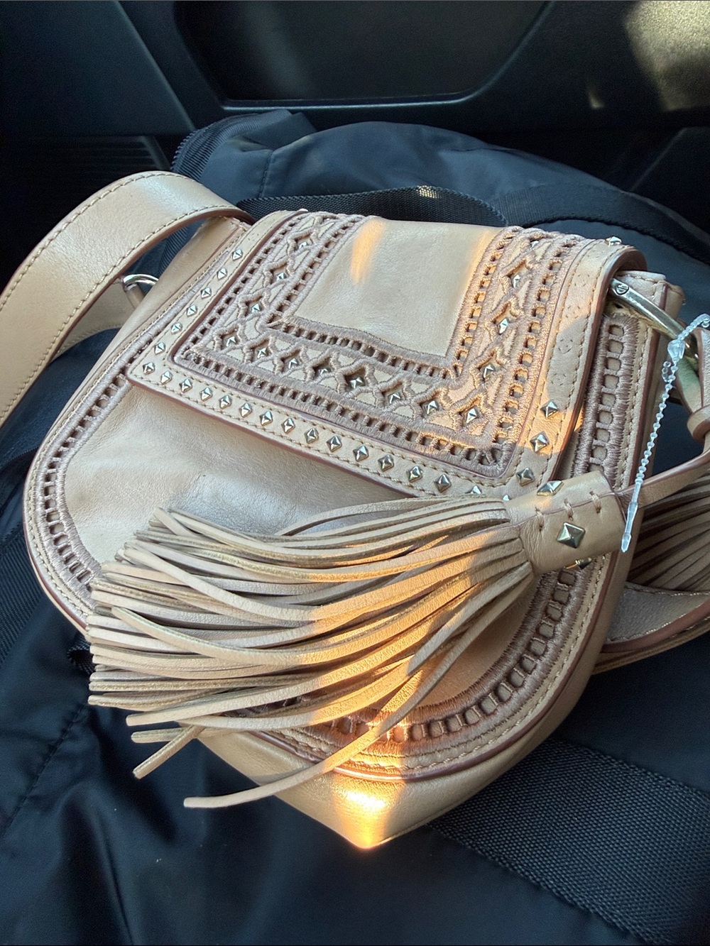 kate spade beige tan leather crossbody with studded flap